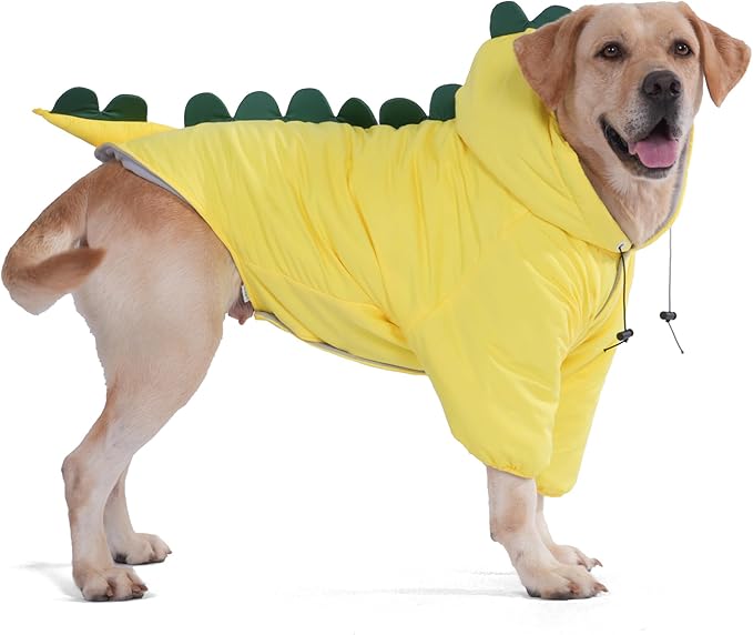 LovinPet Dog Warm Coat with Hood – Medium & Large Dinosaur Hoodie Winter Jacket for Cold Weather, Yellow & Green Coat for Large Dogs, XL