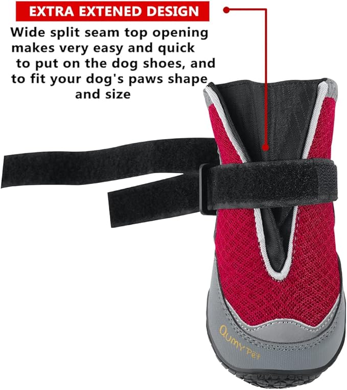 QUMY 4PCS Dog Boots for Large Dogs, Medium Dog Shoes & Paw Protectors for Hot Pavement, Summer Heat Protection, Mesh Breathable Nonslip Dog Booties for Hardfloors, Walking Running Hiking Red Size 5
