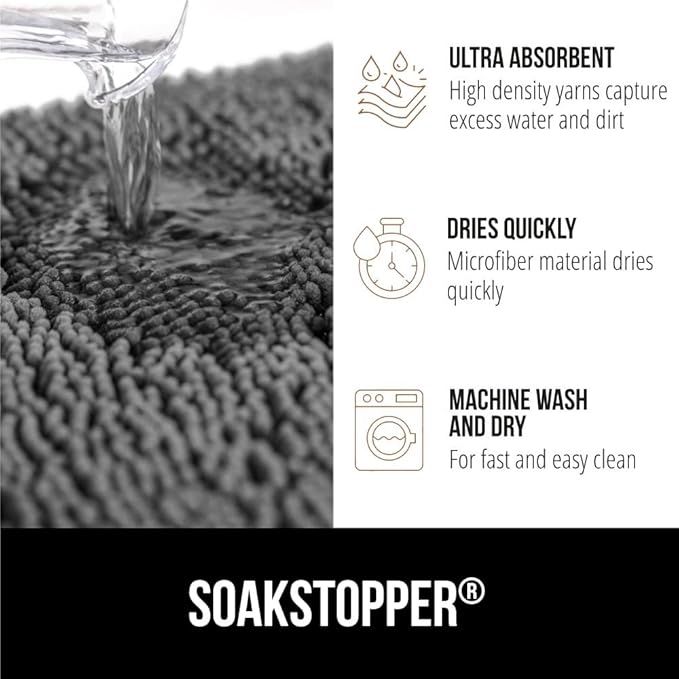 GORILLA GRIP SoakSTOPPER Dog Door Mat, 48x30 Machine Washable Rug Absorbent Doormat Captures Moisture Mud Dirt, Quick Dry Soft Chenille Entryway Rugs Indoor Entrance Mats for Dog Paws, Grey