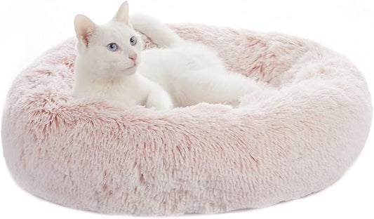 Bedfolks Calming Donut Dog Bed Cat Bed, 23 Inches Round Fluffy Dog Beds for Small Dogs, Machine Washable Anti-Anxiety Plush Puppy Bed（Pink, Small）