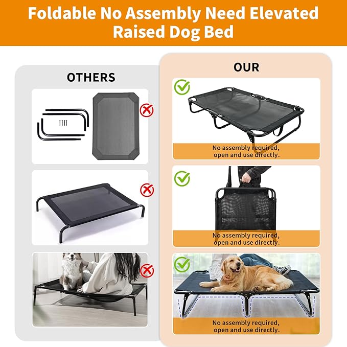 Foldable Elevated Dog Bed for Large Pet, No-Assembly-Need Folding Raised Dog Bed, Waterproof Outdoor Dogs Cot Cooling Pet Hammock Beds with Breathable Mesh, Chew-Proof, Black