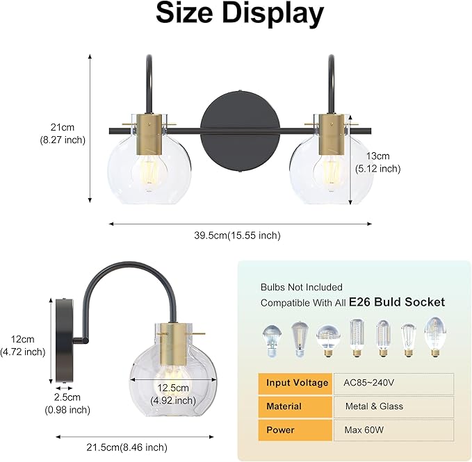 Modern Bathroom Vanity Light 2-Light Wall Sconce, Black & Gold Finish with Clear Glass Shades, Bathroom Light Fixtures Mirror Lighting for Kitchen, Bedroom, Hallway, – Easy Installation
