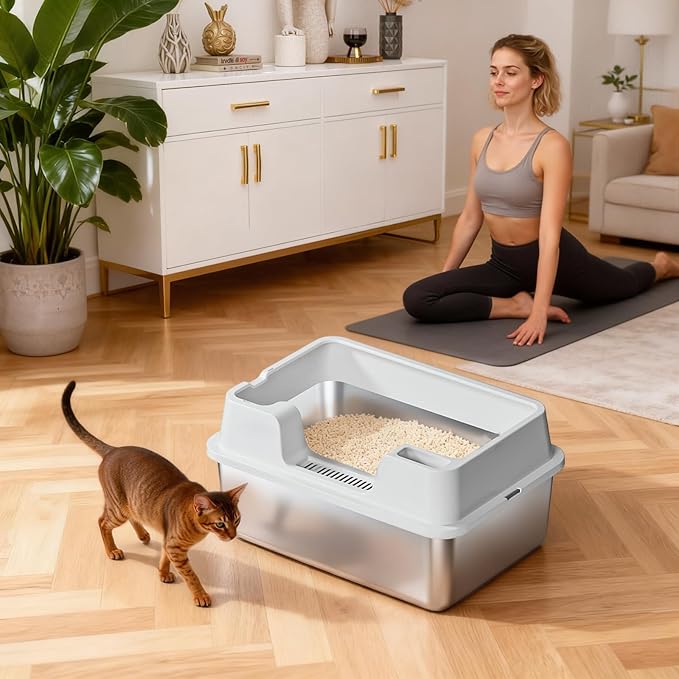 Enclosed Stainless Steel Cat Litter Box with Lid, XL Extra Large Litter Box for Big Cats, Metal Litter Pan High Sided, Never Absorbs Odors, Anti-Urine Leakage, Easy Cleaning, Include Scoop