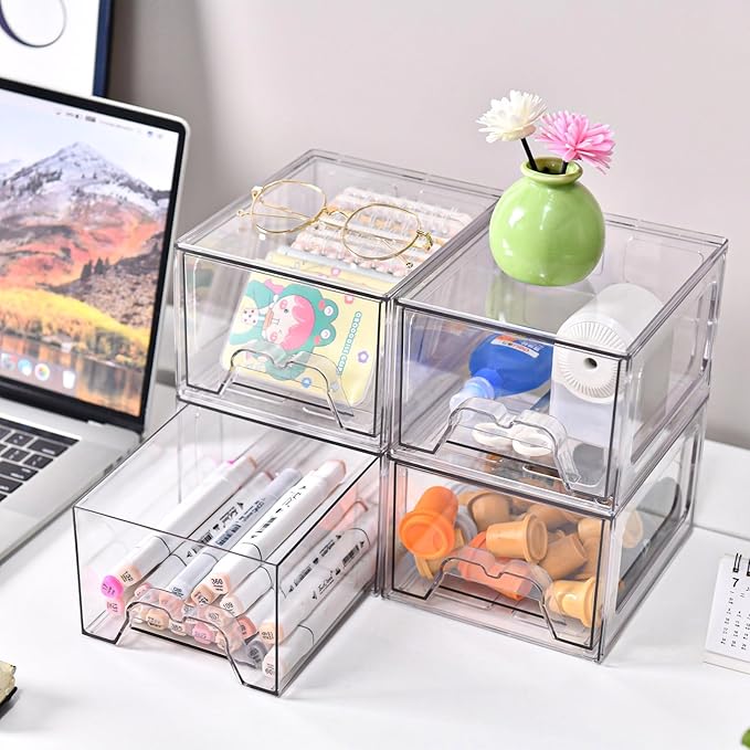 Stackable Makeup Organizer Storage Drawers Set of 4, Clear Plastic Organizer Bins for Beauty Supplies,Ideal for Vanity, Bathroom,Cabinet,Pantry Organization (4 Short)