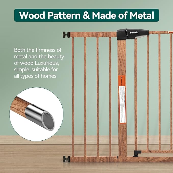 Babelio Metal Auto Close Baby Gate PressGuard P7,Extra Wide Pet Gate for The House and Doorways, Pressure Mounted Walk Thru Child Gate with Door (Brown Wood Pattern, 30" Tall 29"-55" Wide)