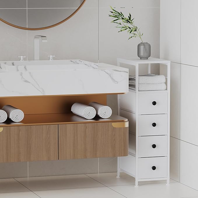 YBING Narrow Dresser for Bedroom, Slim Side Table with Drawer, Dresser Storage Cabinet with 4 Fabric Drawers, Chest of Drawers for Small Space, White