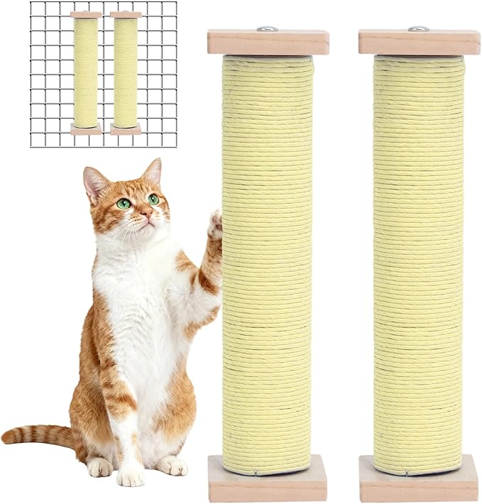 2 Pack Cat Scratching Post for Crate Cage, Wall Mounted Cat Scratcher Post with Self Groomer and Massager, Cat Cage Scratcher Pole to Scratch and Climbing 12.2x2.4in (Yellow, 2 Scratching)