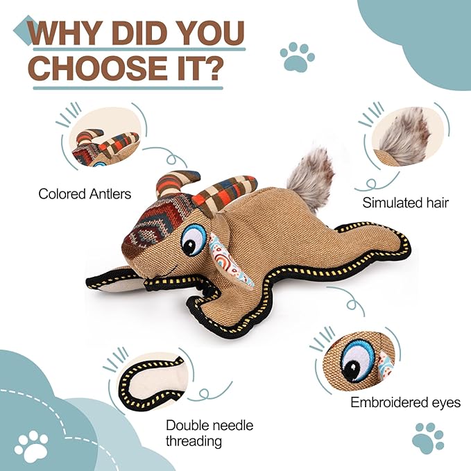 Tough Durable Squeaky Dog Toys for chewers Interactive to Keep Them Busy, Funny Tug of War Dogs Toy for Small Medium Large Cute Birthday Gift (Antelope)