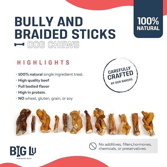 Big Lu - 2-4” Bully and Braided Sticks Variety Bag - 1 lb of 100% Grass-Fed Beef Chews for Small and Medium Dogs, Natural, Fully Digestible, Long-Lasting Treats