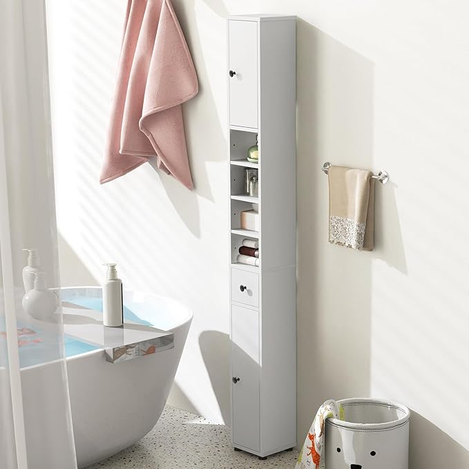 SIMOE Tall Bathroom Storage Cabinet, 32.5lbs Heavy-Duty 8" Slim Narrow Floor Cabinet with 5 Adjustable Shelves & Drawer, 71" Freestanding Skinny Linen Tower for Small Spaces, Moisture-Proof, White