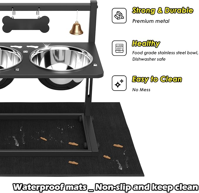 Elevated Dog Bowls With Mat, Adjustable Height 4.3-11.8'', Two 1.7L Stainless Steel Food & Water Bowls, Metal Raised Stand for Large, Medium Dogs