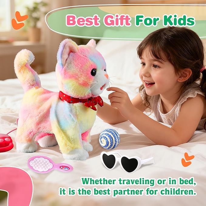 Colorful Leash Walking Cat for Girls Set Toy Interactive Talking Singing Cat Kids Remote Control Walking Kitten Dancing Kitten Mimicking Robotic Kitty That Meow and Purrs Robot for Toddlers Baby