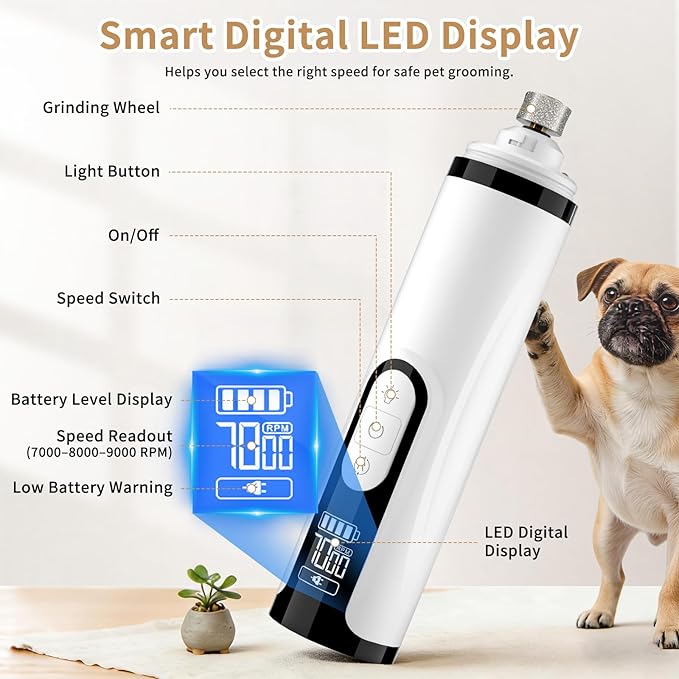 Upgraded 2026 3-Speed Dog Nail Grinder,Ultra-Quiet Rechargeable USB Trimmer with LED Lights & Battery Display –Painless Grooming for Dogs &Cats with Thick Nails &Sensitive Paws for Small to Large Pets