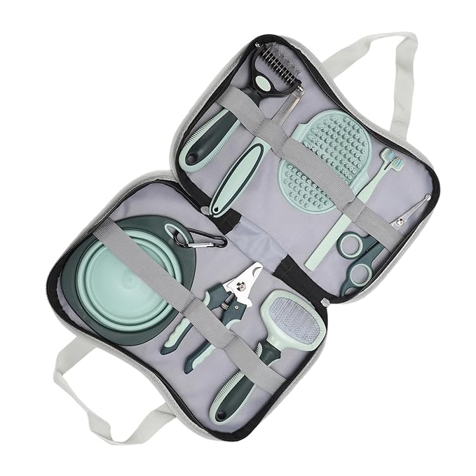 8 Pcs Dog Cat Grooming Kit, Professional Deshedding Bath Brush with Rake Nail Clippers Comb Toothbrush, Portable Storage Bag for Daily Pet Care and Shedding Control