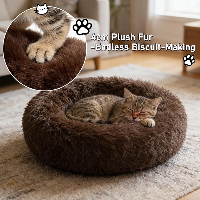 Calming Donut Dog Beds Large Sized Dog - Washable Removable Cover Non-Slip, Round Pet Bed Warming Fluffy Plush Faux Fur Anti-Anxiety Thick Cushion, Fits up to 80 lbs (Coffee, 36")