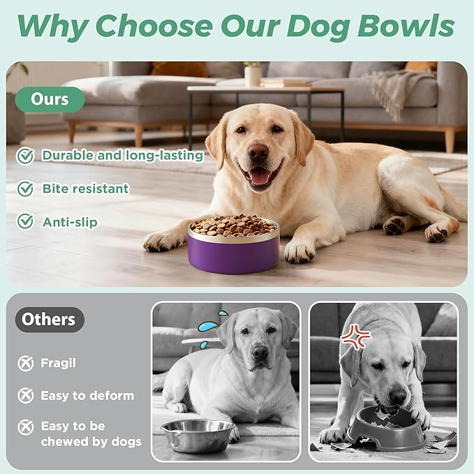 LIHONG Stainless Steel Dog Bowls for Small Medium Sized Dogs Non Slip,Insulated Dog Bowl,Pet Bowl for Food and Water,Rustproof(40oz,Purple)