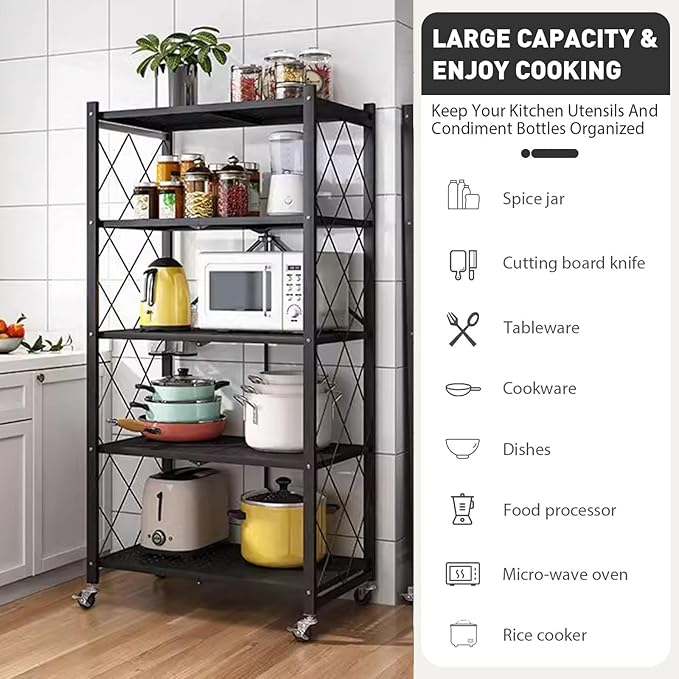 Folding Shelf Foldable Shelves with Wheels - Folding Shelves No Assembly , Collapsible Shelf Unit Display, Kitchen Organizers and Storage, Pop Up Heavy Duty Rack , 5-Tier Black 28"D x 14"W x 63"H