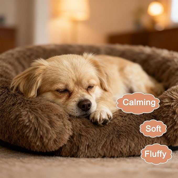 Calming Cute Dog Beds for Medium Dogs, Orthopedic Cushion Anti-Anxiety Donut Cuddler Bed, Soft Fluffy Faux Fur Plush Warming Cozy Removable Cover, Fits up to 35 lbs Pets (Round, Coffee 28")