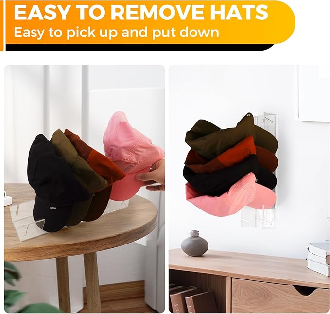 Clear Acrylic Hat Stand for Baseball Caps – 28-Cap Easy Setup Organizer for Bedroom, Closet, Dresser, Countertop, Display and Storage for Baseball Caps, Sports Hats, and Collectibles (4-Pack)