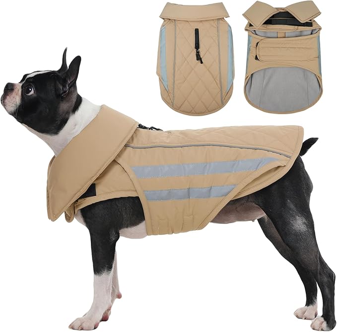 IECOii Dog Coat for Winter - Waterproof Winter Jackets Warm Cold Weather Vests for Small Medium Dogs, Reflective & Adjustable Vest Jacket for Outdoor, Mashine Washable, Khaki, Sizes L