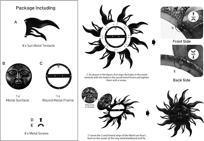 HOBYLUBY 28'' Metal Sun Wall Decor, Large Outdoor Wall Art Decor Hanging Decorative for Patio, Porch, Fence, Garden(Brown)