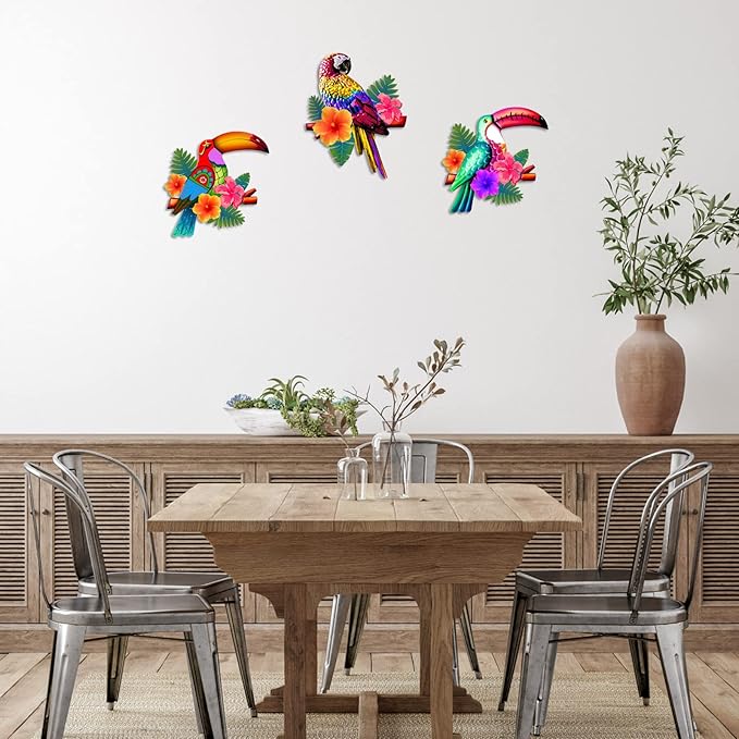 Meduofon 3 Pack Metal Birds Wall Art Decor, Beautiful Parrot Toucan Outdoor Wall Decor for Patio Wall Fence Deck Garden Home Balcony Tropical Bird Macaw Wall Sculpture Hanging for Indoor Outdoor