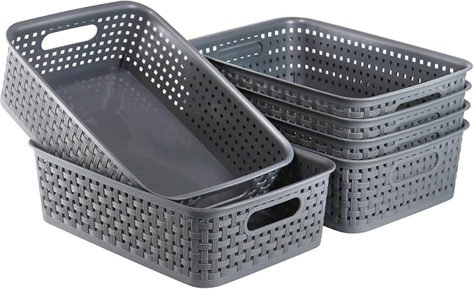 Plastic Storage Baskets - 6 Pack, Gray, Woven Storage Organizer Basket Small Stackable Plastic Weave Baskets, 10.6 x 7.2 x 3.1 inches