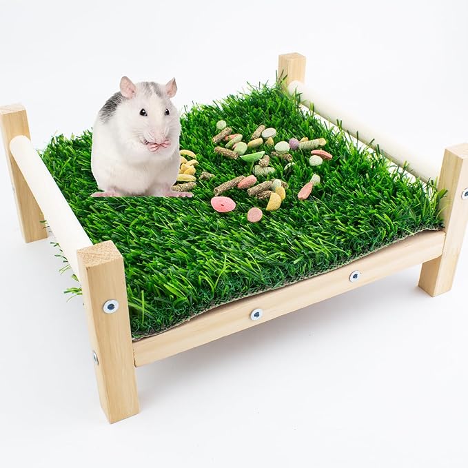 FlidRunest Wooden Rat Foraging Toys, Artificial Grass Foraging Mat for Rats, Safe Rats Enrichment Toys Activities, Boredom Relief Hanging Bed for Pet Rat