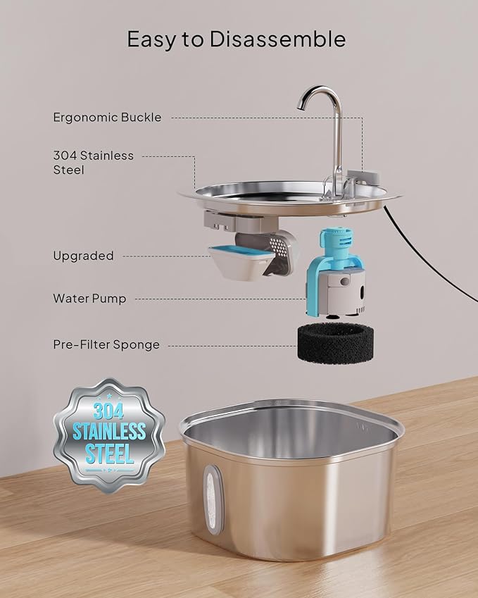 PEKTACO Stainless Steel Cat Water Fountain, 3.2L/108oz Cat Water Dispenser with Quiet Water Pump, Dishwasher Safe Pet Drinking Fountain for Cats with 3 Filters + 3 Sponges