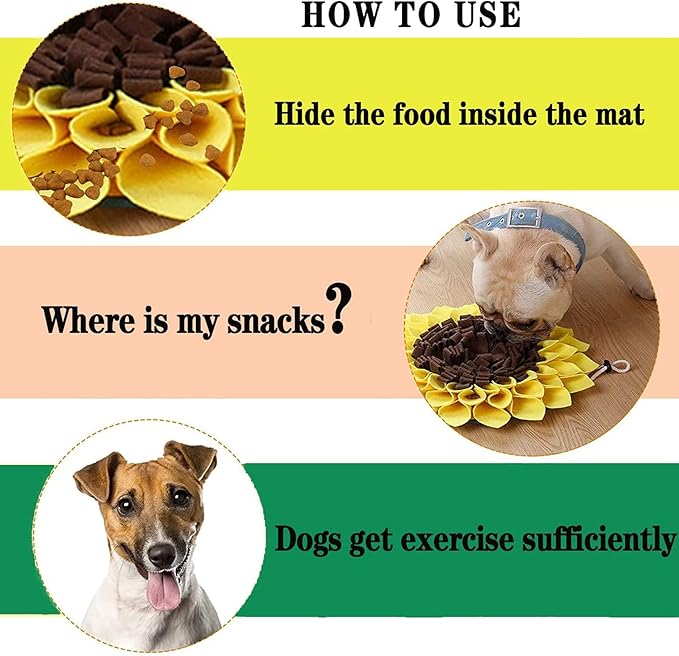 Snuffle Mat for Dogs Cats, Nosework Mat for Foraging Skills, Sunflower Dog Slow Feeding Mat,Interactive Puzzle Dog Toys,Dog Treat Dispenser with Stress Relief, Brain Stimulation and Boredom