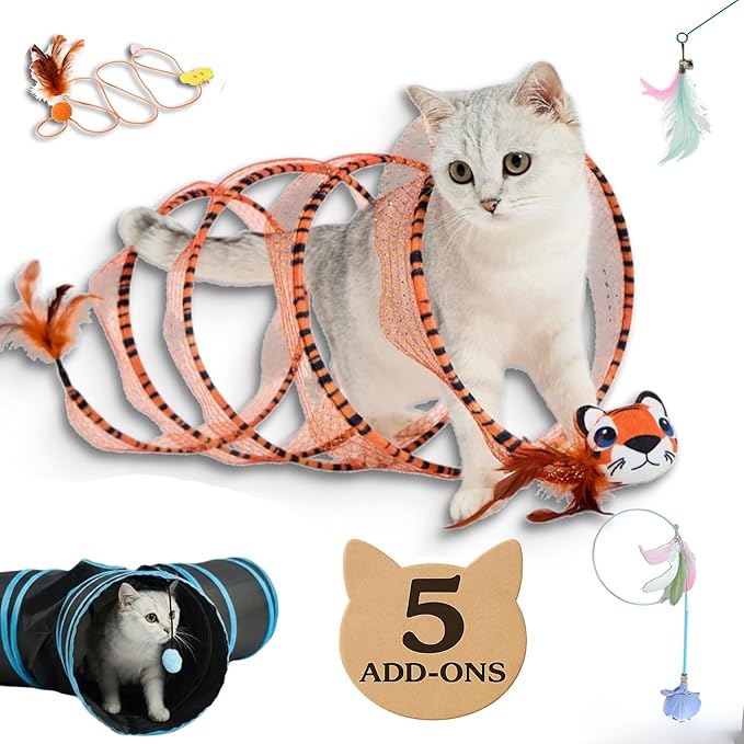 Spiral Cat Toy Set – 5-in-1 Interactive Indoor Cat Toys with 3-Way Tunnel, Feather Wand, Ribbon Teaser & Suction Cup for Active Cats