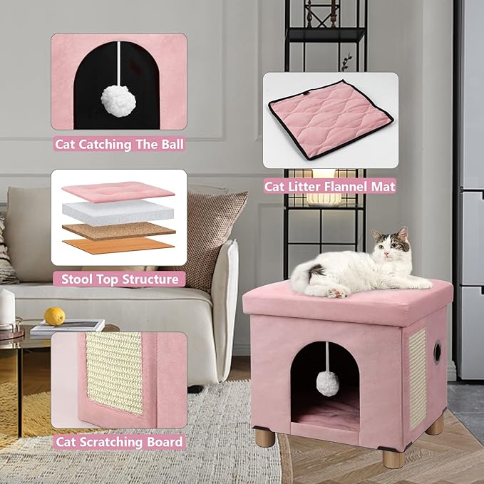 BRIAN & DANY Foldable Cat House, Cat Cave, Cat Cube with Scratch Board & Ball, 12.5" x 14.5” x 14.1”, Pink