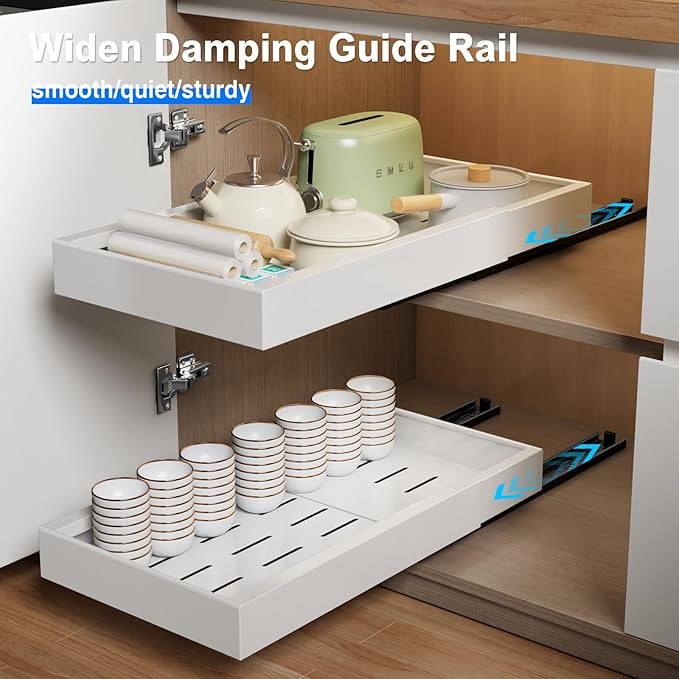2 Pack Pull Out Cabinet Organizer, 21.8" Deep Slide Out Drawer for Cabinets Adhesive Pull Out Drawers Heavy Duty Pull Out Shelves for Kitchen, Cupboard, Pantry, Bathroom-White