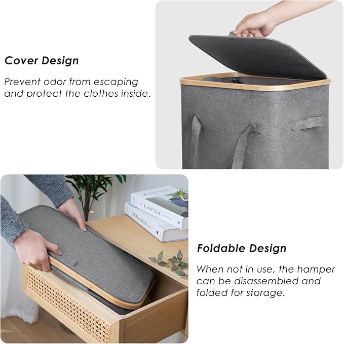 WELTRXE Gray Laundry Hamper with Lid and Wheels, 110L Large Rolling Laundry Basket with Extended Handles Foldable Dirty Clothes Hamper Wheeled Narrow Corner Clothes Bins for Bedroom Dorm Laundry Room