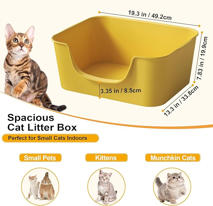 Low Entry Cat Litter Box with High Sides - Open-Top Anti-Splash, Durable Easy-Clean Pan for Kittens, Munchkin Cats, Senior Medium-Sized Cats & Small Pets (Rabbits), 19.3”x13.3”x7.8” Yellow