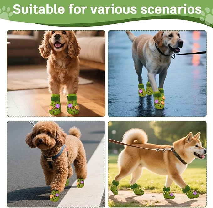 Dog Shoes for Hot Pavement, Adjustable Magic Tape Boots for Small, Medium & Large Dogs, Anti-Slip, Easy to Clean Paw Protectors for Beach, Outdoor & Hot Weather (Green L)