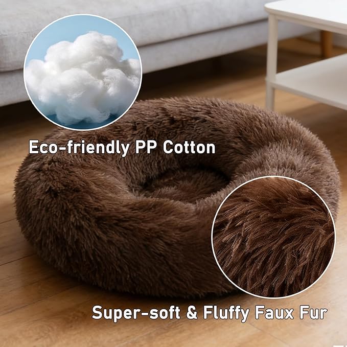 Calming Donut Dog Beds for Small Dogs Kitten - Washable Removable Cover Non-Slip Bottom, Round Pet Bed Puppy Bed Warming Fluffy Faux Fur Anti-Anxiety, Fits up to 15 lbs (Coffee, 20")