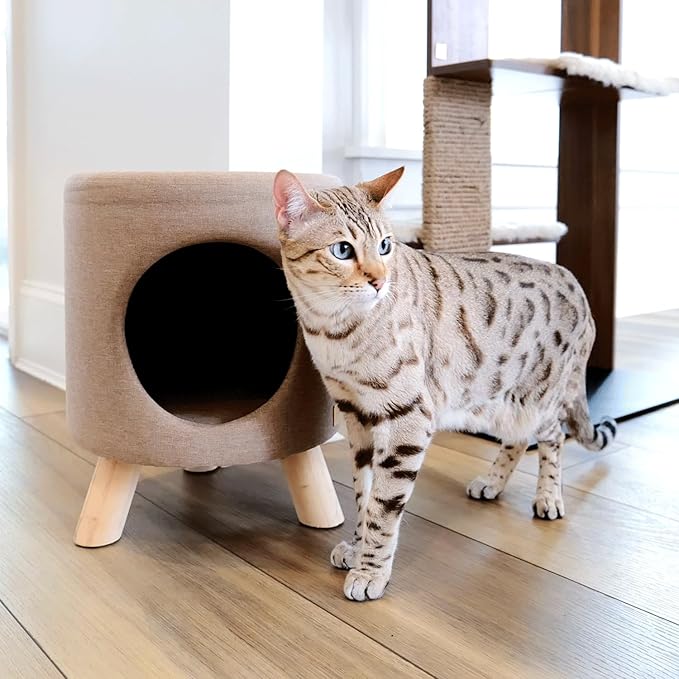 4 Cats & Dogs Wallie Stool - Plush Polyester Pet Stool with Wooden Legs, Cozy Hideaway for Cats & Small Dogs, Multipurpose Footstool & Seat, Modern Minimalist Design for Home & Office - Tan