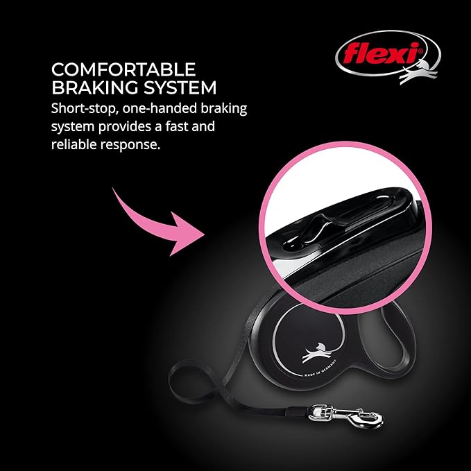FLEXI New Classic Tape Retractable Dog Leash for Small Dogs up to 33 lbs. – 16 ft., Black| Tangle Free Pet Walking Leash with One-Handed Brake, Pause, Lock|German Quality Product