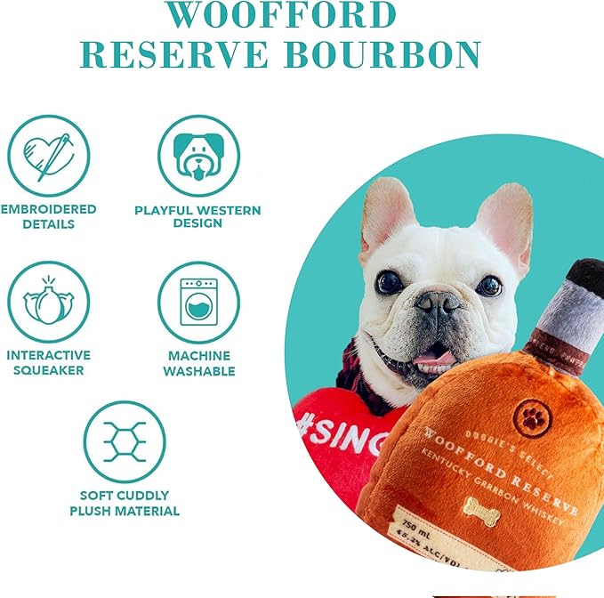 Haute Diggity Dog Woofford Reserve Bourbon Bottle Parody Plush Dog Toy for Medium & Large Dogs, Drink-Inspired Stuffed Dog Toys with Interactive Squeaker, Machine-Washable, Durable & Safe, One Size