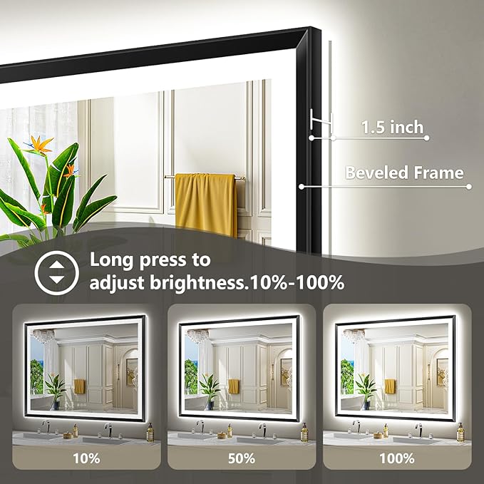 51x32 Black Framed LED Bathroom Mirror with Lights, Backlit and Front Light, Lighted Bathroom Vanity Mirror for Wall Dimmable Anti-Fog Memory Tempered Glass Horizontal/Vertical