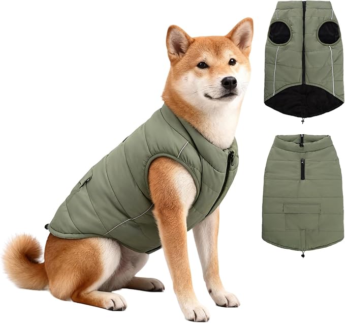 Dog Winter Coat - Waterproof Cold Weather Coat with Thick Padding, Windproof Dog's Snow Jacket with Neck & Tail Drawstrings, Reflective Puppy Jacket - Small Dog Coats, Olive Green L