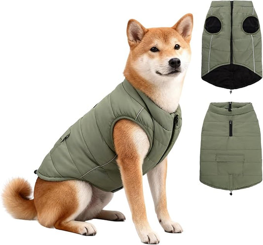 Dog Winter Coat - Waterproof Cold Weather Coat with Thick Padding, Windproof Dog's Snow Jacket with Neck & Tail Drawstrings, Reflective Puppy Jacket - Small Dog Coats, Olive Green L