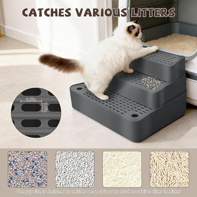 Adjustable 3 Steps Cat Ramp for Litter Box, Detachable Cat Pedal Step Stool with Filter Function, Double Layered Cats Litter Trapper, Suitable for Small&Elderly Cats, Non-Slip(Dark Grey)