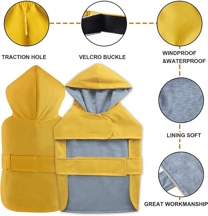 Dog Raincoat Dog Rain Jacket Poncho Waterproof Snowproof Pet Rain Suit Lined Warm Lining Hooded Leash Hole Adjustable Puppy Small Medium Dogs,Yellow,XXL