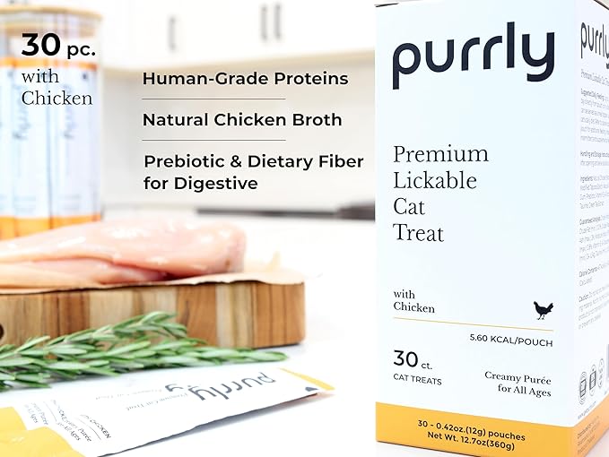 Purrly Lickable Wet Cat Treats Creamy Purée Human-Grade Chicken Breast with Prebiotic and Dietary Fiber for Digestive Health (30 Count) Non-Seafood Non-GMO No-Grains All Ages Low-Phosphorus