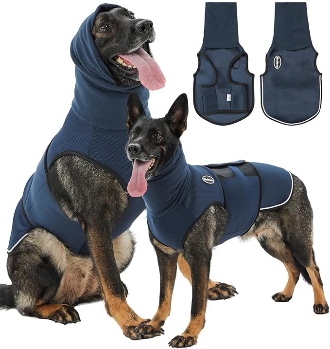 Dog Anxiety Vest with Hood, Skin-Friendly Thunder Jacket for Dogs, All-in-One Dog Calming Shirt with Hood for Thunder, Fireworks, Separation - Keep Pet Calm Without Medicine, Dark Blue, XL
