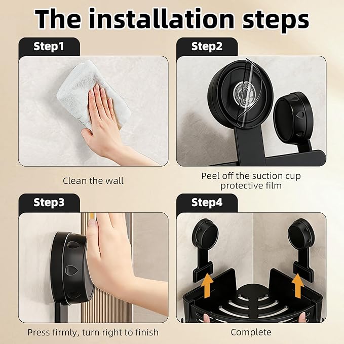 2026 New Corner Shower Shelf Suction Cup Shower Caddy, No Drilling Bathroom Storage Rack, Corners Organizer Storage Rack Adhesive with Towel Bar (Black three-layer)
