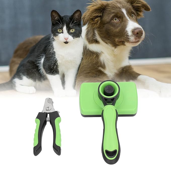Pet Grooming Brush and Nail Clippers Kit, Stainless Steel, Self Cleaning Set for Dogs and Cats - Easy Use, Ergonomic Design, Massaging for Shedding Control