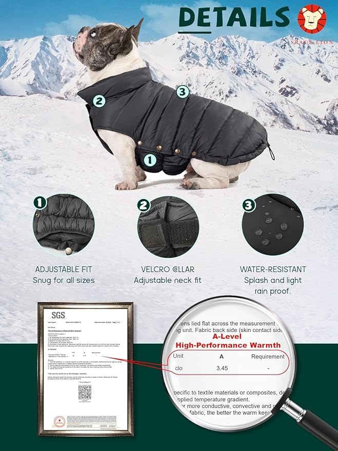SPACE LION Dog Puffer Jacket, Down Winter Coat, Durable Outdoor Coat for Cold and Windy Conditions, Lightweight & Adjustable Fit Coats for Large Dogs, (Onyx Black, Size22/XL+)